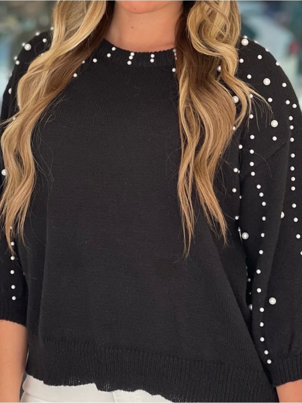 BiBi Black Soft Sweater with Pearl Detail